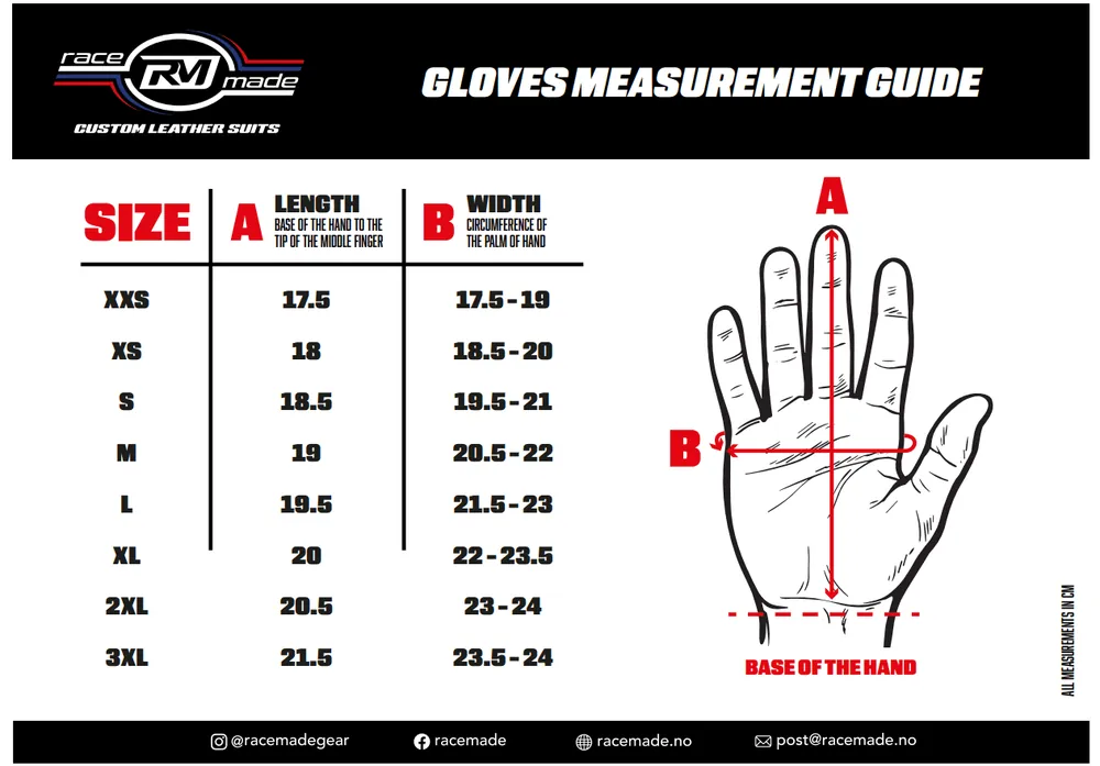RaceMade glove size chart: hand circumference and length